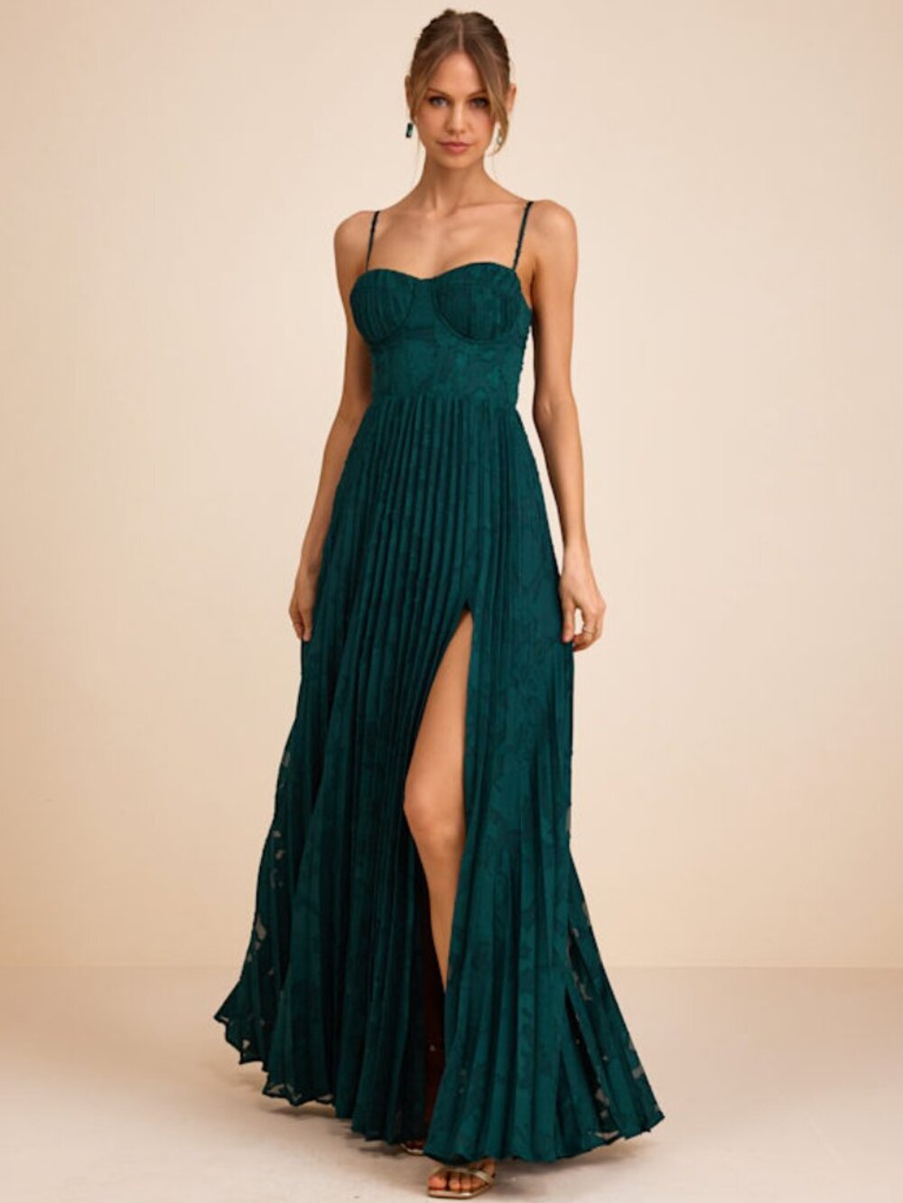 Lulus Dacie Emerald Floral Burnout Pleated Bustier Maxi Dress Green - Size M